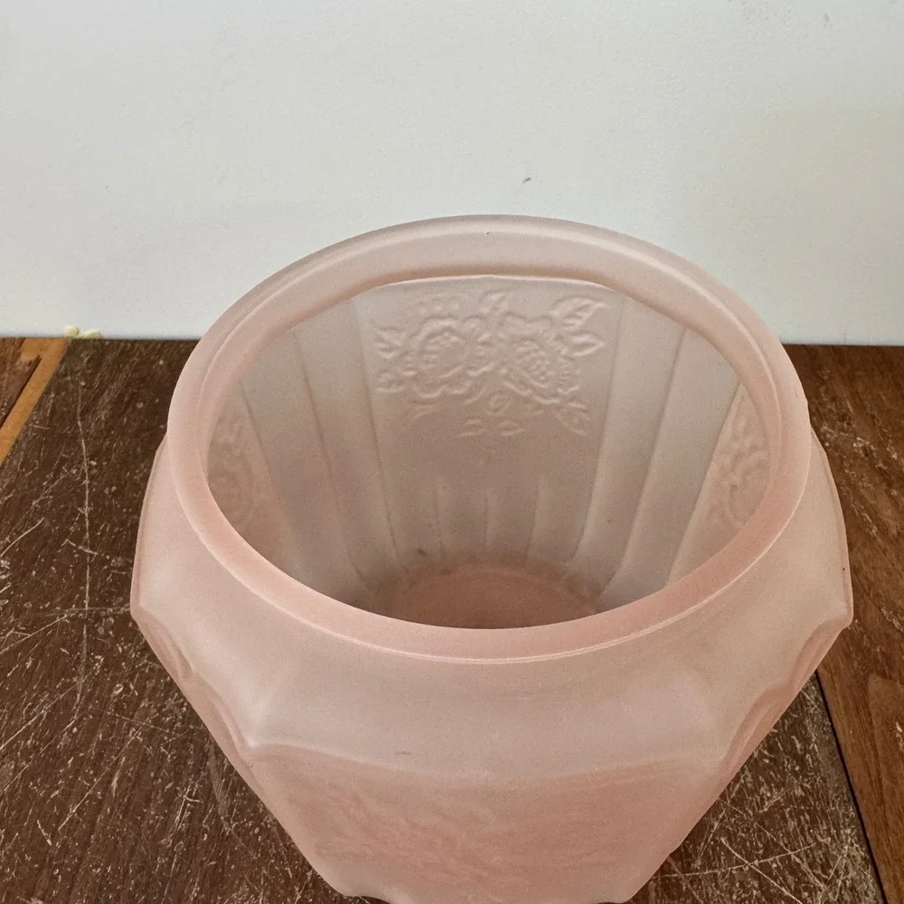 Antique Pink Depression Frosted Satin Glass Biscuit Jar Hand Painted Floral‎ Lid